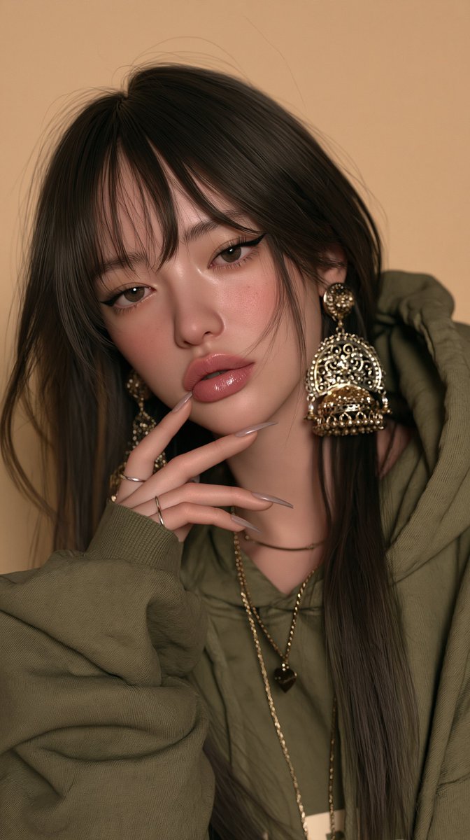 一张20岁出头东亚女性的超写实特写肖像：长直深棕色头发，带柔和层次和轻盈刘海垂于额前；白皙肤色，妆容自然，眉形清晰拱起，眼线为细长的微翘猫眼妆，柔和的玫瑰色腮红，饱满水润的粉唇微启。她直视镜头...