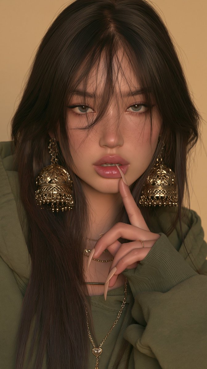 一张20岁出头东亚女性的超写实特写肖像：长直深棕色头发，带柔和层次和轻盈刘海垂于额前；白皙肤色，妆容自然，眉形清晰拱起，眼线为细长的微翘猫眼妆，柔和的玫瑰色腮红，饱满水润的粉唇微启。她直视镜头...