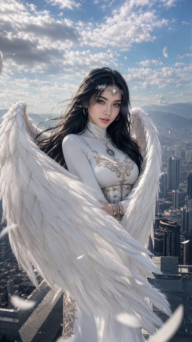 一幅写实的数字肖像画，描绘一位美丽的东亚女性扮演现代天使的形象，她站在高楼屋顶上，俯瞰着明亮白昼天空下密集蔓延的城市。她拥有飘逸的深色长发，头戴...