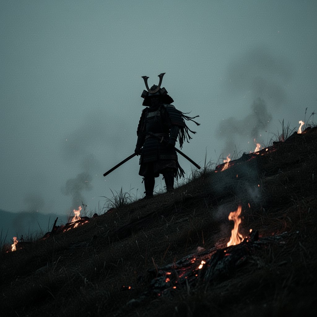 极简电影感宽景镜头：近全黑的暮色中，一名孤独的武士剪影矗立在陡峭长满青草的山脊顶端。武士呈现为纯黑色剪影，背景是阴郁的青灰天空，头戴华丽的带角兜盔，铠甲边缘破碎低垂，佩刀低握。山脊线上余烬未熄...