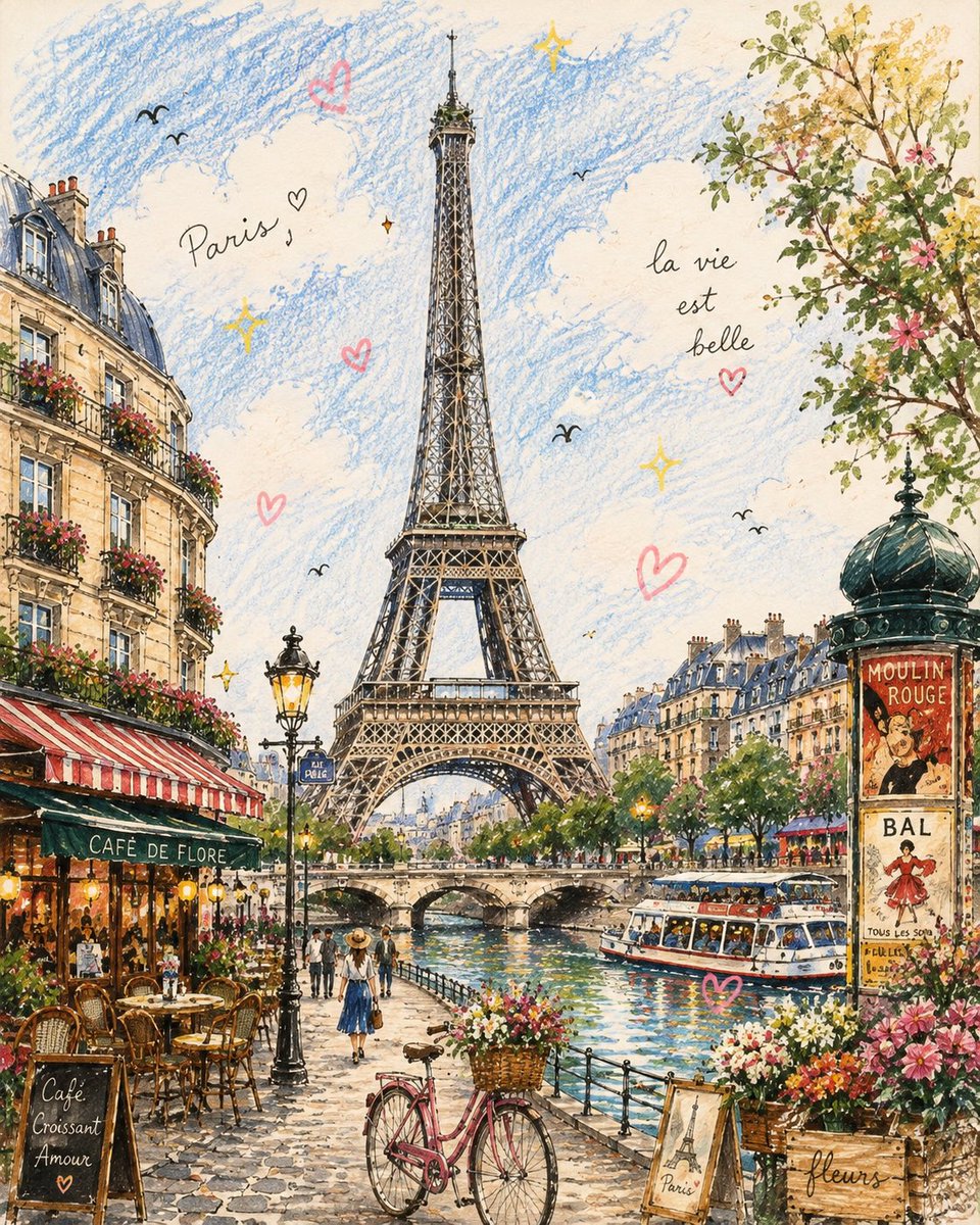 创作一幅迷人的手绘插画旅行场景，以 [ICONIC STRUCTURE]（标志性建筑）作为无可争议的主要视觉焦点，灵感来自一幅精美细腻的复古欧洲故事书明信片。保持建筑高度可辨，拥有准确的比例、...