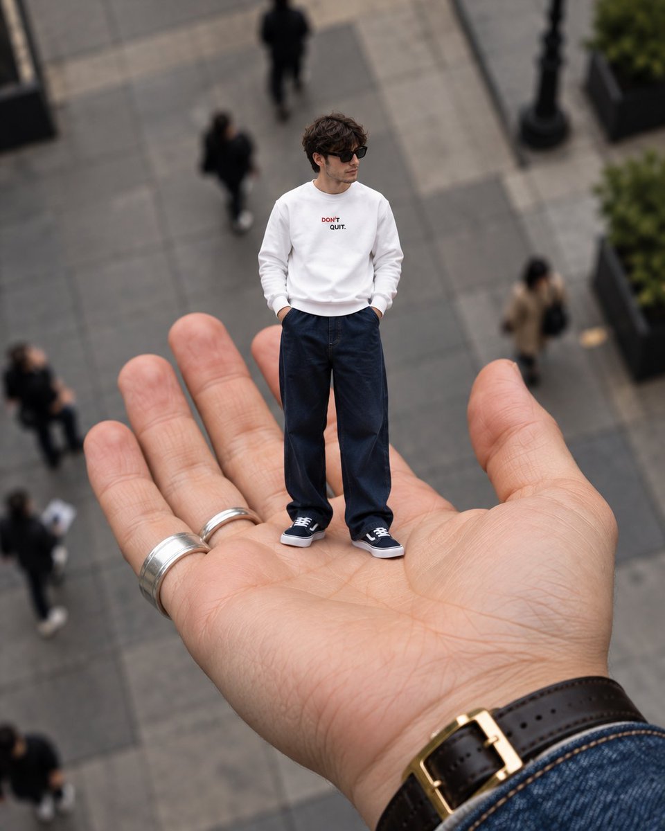 GPT Image 2 on ChatGPT 提示词 主体：一位年轻男子随意地坐在一只巨大人类手掌的手指上，营造出超现实的迷你小人幻觉。他有着卷曲的棕色头发、黑色太阳镜、淡淡的胡茬、一件胸前印...