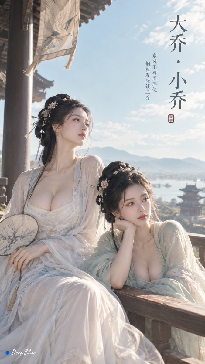 极简东方 × 宋式美学 × 古风 Editorial × 独立艺术封面 人物：大乔、小乔，古典美人意象，清雅柔美，温婉含蓄。 场景：铜雀台，盛夏晴日，古朴楼台与远山，仅保留极少建筑线条与大片天...