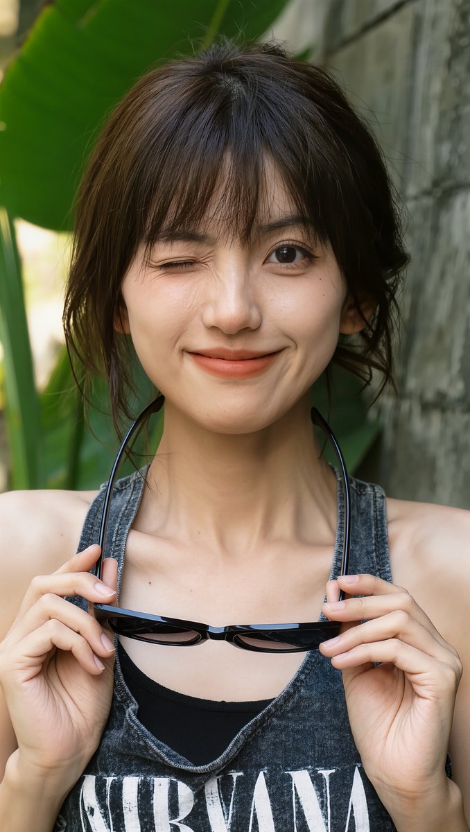 一位东亚年轻女性的近距离肖像,肤色白皙,笑容明亮俏皮,目光微微望向左侧。她留着齐肩的深棕色头发,带有轻盈的刘海,层次分明的发丝修饰着脸庞。她双手握着镜腿,将一副黑色方形墨镜举在胸前。她身穿深灰...