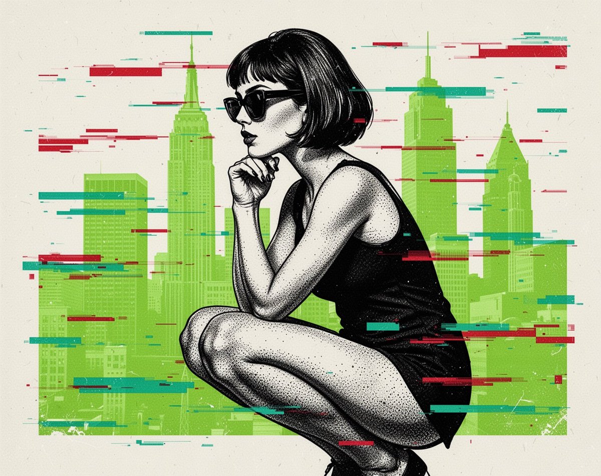 黑白半色调圆点纹理插画：一位时尚短发女性戴着太阳镜，侧身蹲坐，一只手靠近下巴，以密集的丝网印刷半色调圆点表现，背景为抽象通用摩天大楼剪影（无真实...