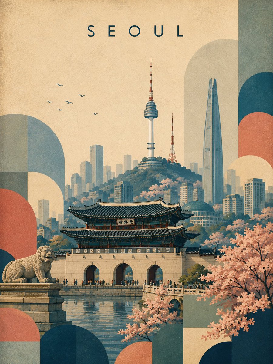 创作一张精致的复古风格旅行海报，以 [ICONIC STRUCTURE]（标志性建筑）作为主要焦点。保持建筑高度可识别，具备准确的比例和独特的细节，但要将其重新诠释为一幅风格化的手绘插画。用简...