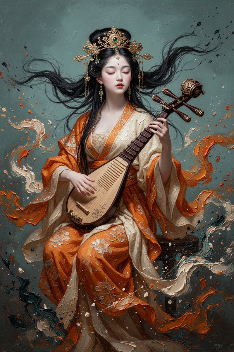 东方怪诞美学的神圣年轻女神弹奏琵琶，空灵而庄严，双目微闭沉入遐想，黑发随风飘扬，华丽的金色发饰，橙白相间的丝绸长袍消融为旋转飞溅的颜料，厚重的厚涂绘画质感，可见笔触，调色刀技法，层次丰富、触感...