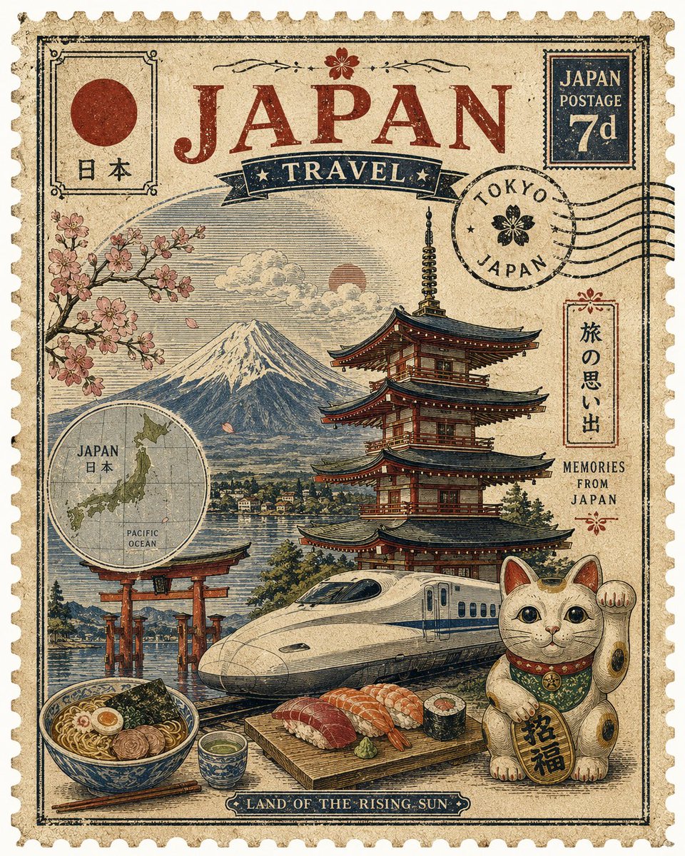 创作一幅精致的复古旅行邮票艺术作品，代表[COUNTRY]。以该国最具标志性的地标作为主要视觉焦点，周围环绕3–5个精心挑选、能立即代表该国的元素——自然风光、传统建筑、当地美食、野生动物、交...