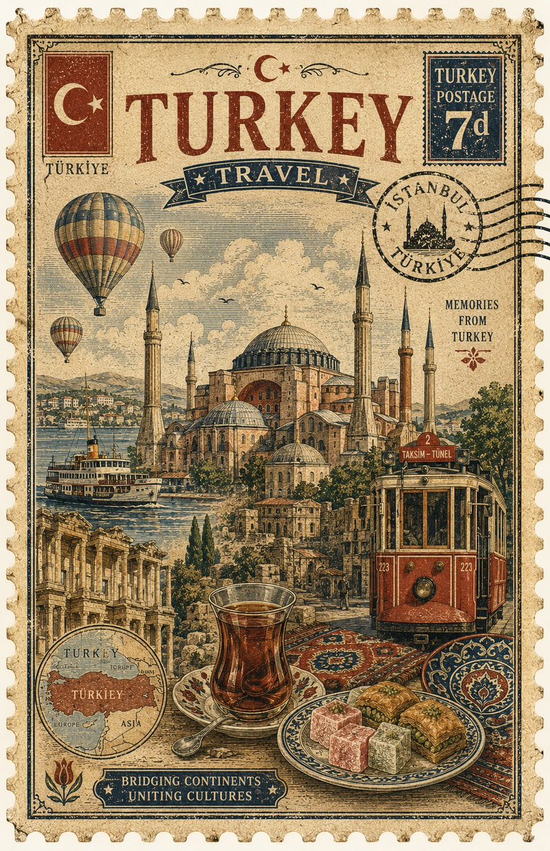 创作一幅精致的复古旅行邮票艺术作品，代表[COUNTRY]。以该国最具标志性的地标作为主要视觉焦点，周围环绕3–5个精心挑选、能立即代表该国的元素——自然风光、传统建筑、当地美食、野生动物、交...