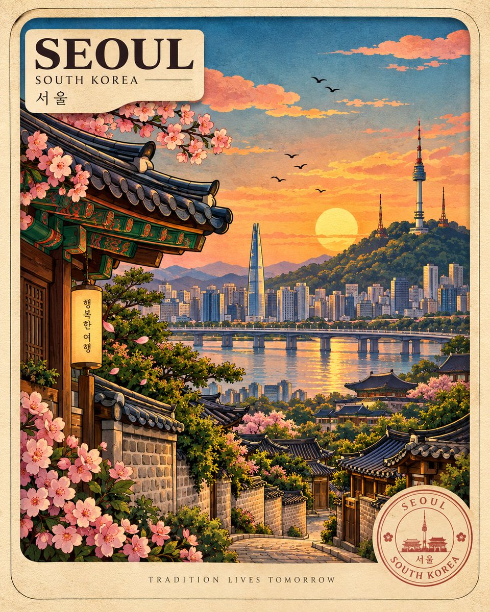 创作一幅高端竖版 4:5 旅行海报插画，主题为 [LOCATION]，遵循统一的手工制作视觉风格：粗犷而清晰的黑色描边、饱和且协调的色彩、温暖的黄金时刻光线、质感丰富的纸张/卡纸表面、带有柔和...