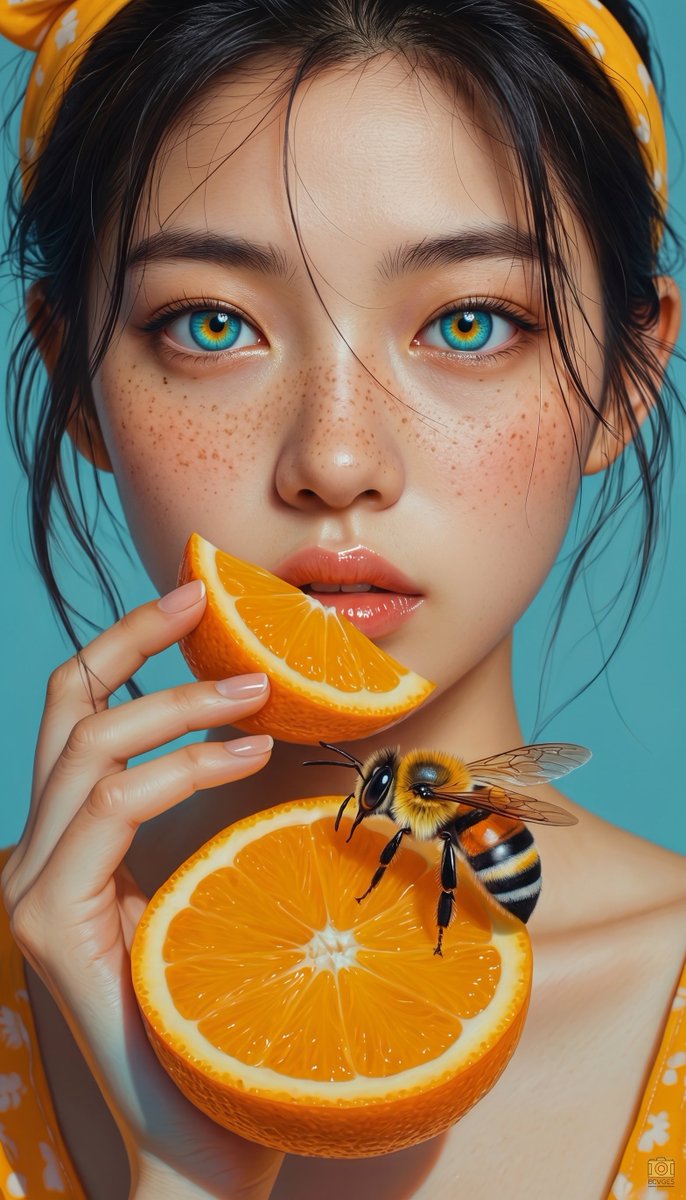 甜蜜得几乎不危险 由 Seedance 2.0 制作 提示词 一幅特写风格化的数字插画，描绘一位年轻的女孩，她拥有一双过大的、明亮的水蓝色眼睛，带有琥珀金色的虹膜环，深色光泽的直刘海，脸颊上点...