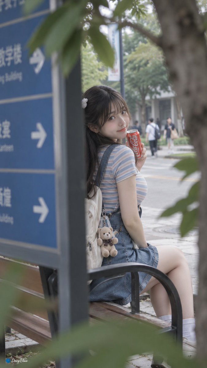 日常快照风格，非精心构图或打光，校道长椅旁，条纹T恤配背带裙，小熊挂饰在背包上，易拉罐可口可乐在手；从道路指示牌后侧拍，牌边与树叶形成双层前景框景，轻微焦外；阴天自然光，低对比、低饱和，面料纹...