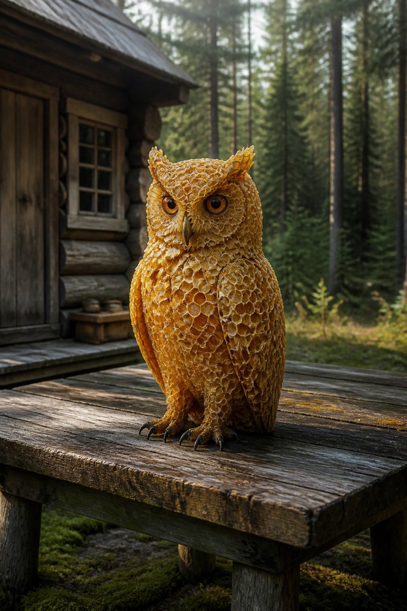 一张照片级写实风格的静物画。一只猫头鹰栖息在户外自然环境中一张风化的木桌上,旁边是一座小型木屋,它的身体由精雕细琢的六边形蜂巢结构组成——金色、半透明,几个蜂巢仍微微闪烁——眼睛为深琥珀色。柔...