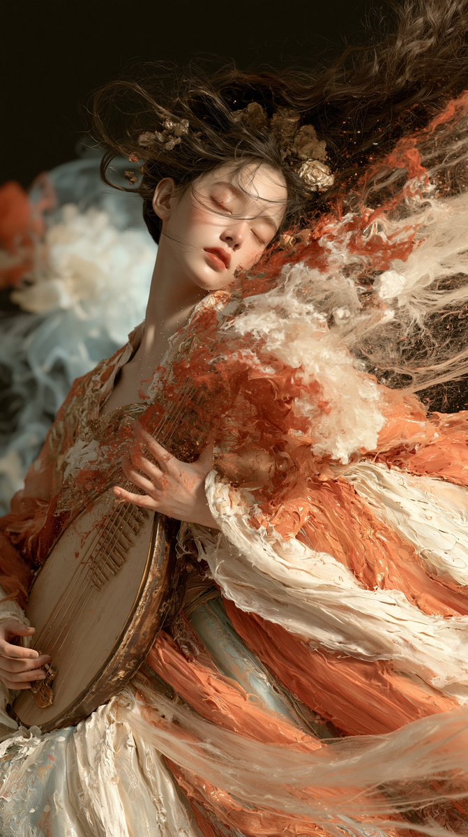 中式怪诞／异域东方美学。神圣的年轻女神怀抱琵琶——空灵、神秘、宏伟。厚重的厚涂绘画、可见的笔触、刮刀技法、丰富层叠的色彩、可触知的物质感。极致繁复华丽的服饰，压倒性的神圣威压。美丽却冷漠、疏离...
