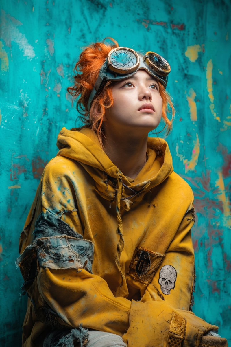 世界陷入了黑暗,于是她学会了仰望光芒。 太多的混乱,无法回头。 使用 Nano Banana pro 制作。 提示词 电影感人像摄影:一个年轻女孩,凌乱而鲜艳的姜红色头发松松地扎成一个发髻,鼻...