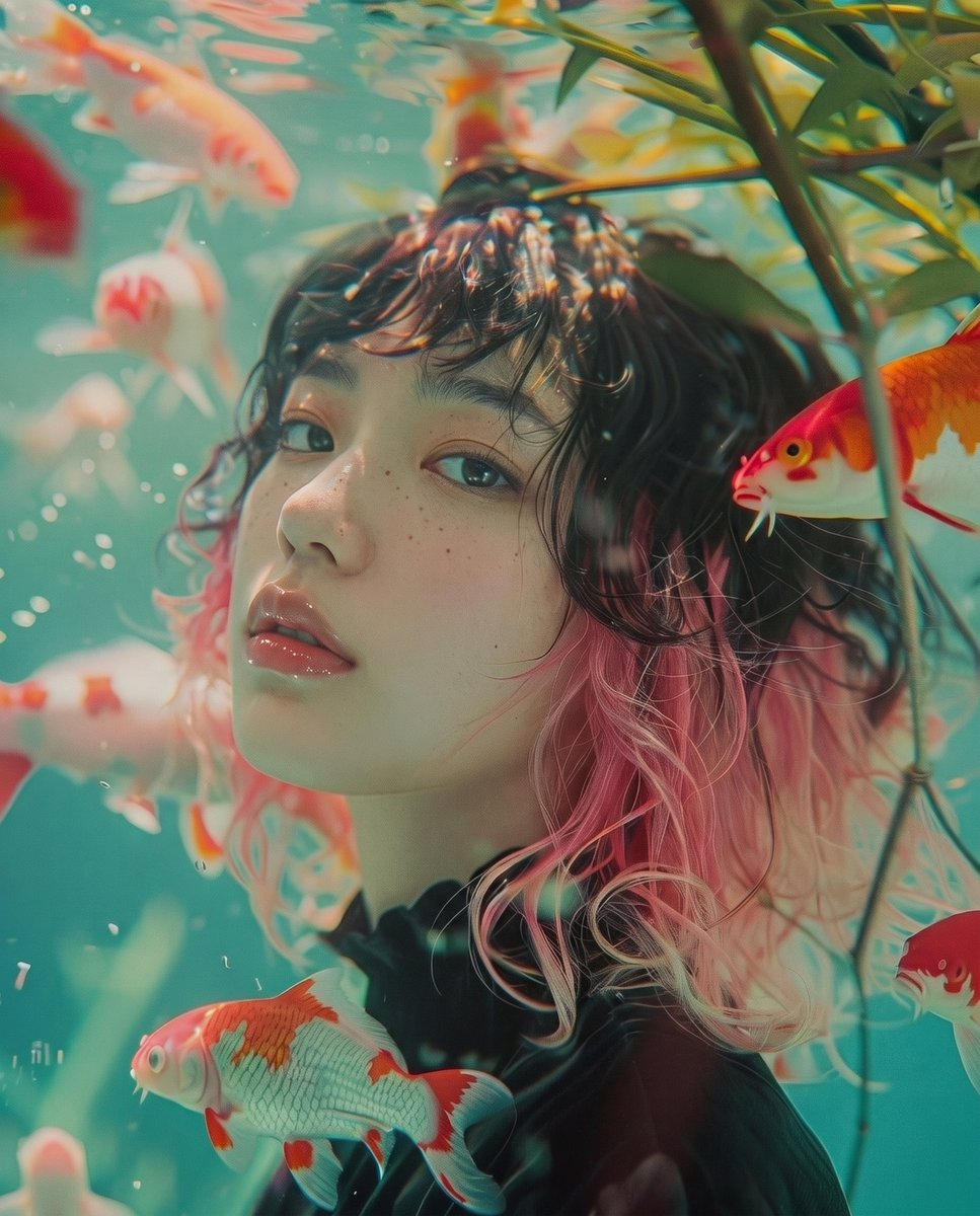 思绪沉溺，随色彩漂流 使用 Midjourney v6.1 制作 提示词 水下沉浸式电影感特写肖像，一位年轻东亚女性沉入水中，周围环绕着游动的发光红白锦鲤。她留着齐肩波浪卷发，顶部为深黑色发层...