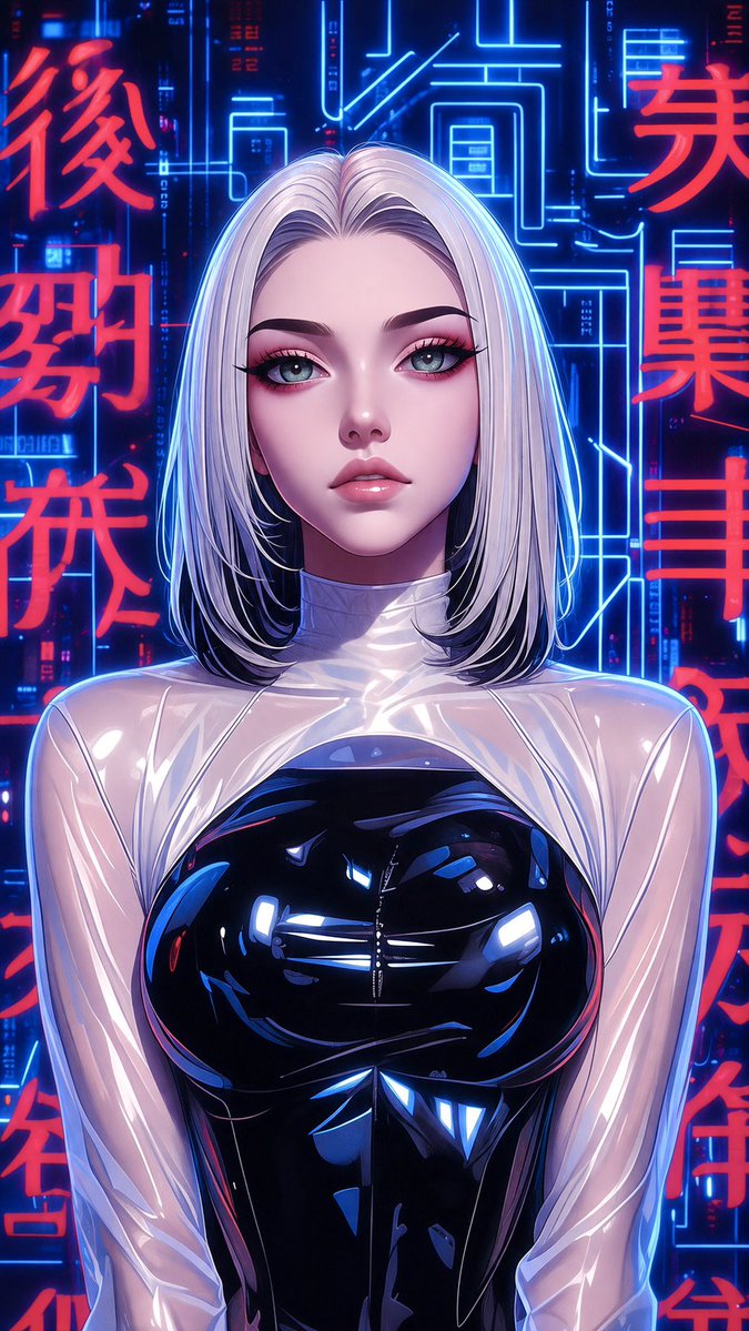 风格化肖像：一位年轻女性，留着银色短发，眼睛呈翡翠绿色，身穿带有金属饰边的时髦未来主义白色服装。背景为未来都市霓虹景致，带有旋转的全息图案。动漫风格的数字绘画，柔和而鲜明的渲染。主题围绕精致、...