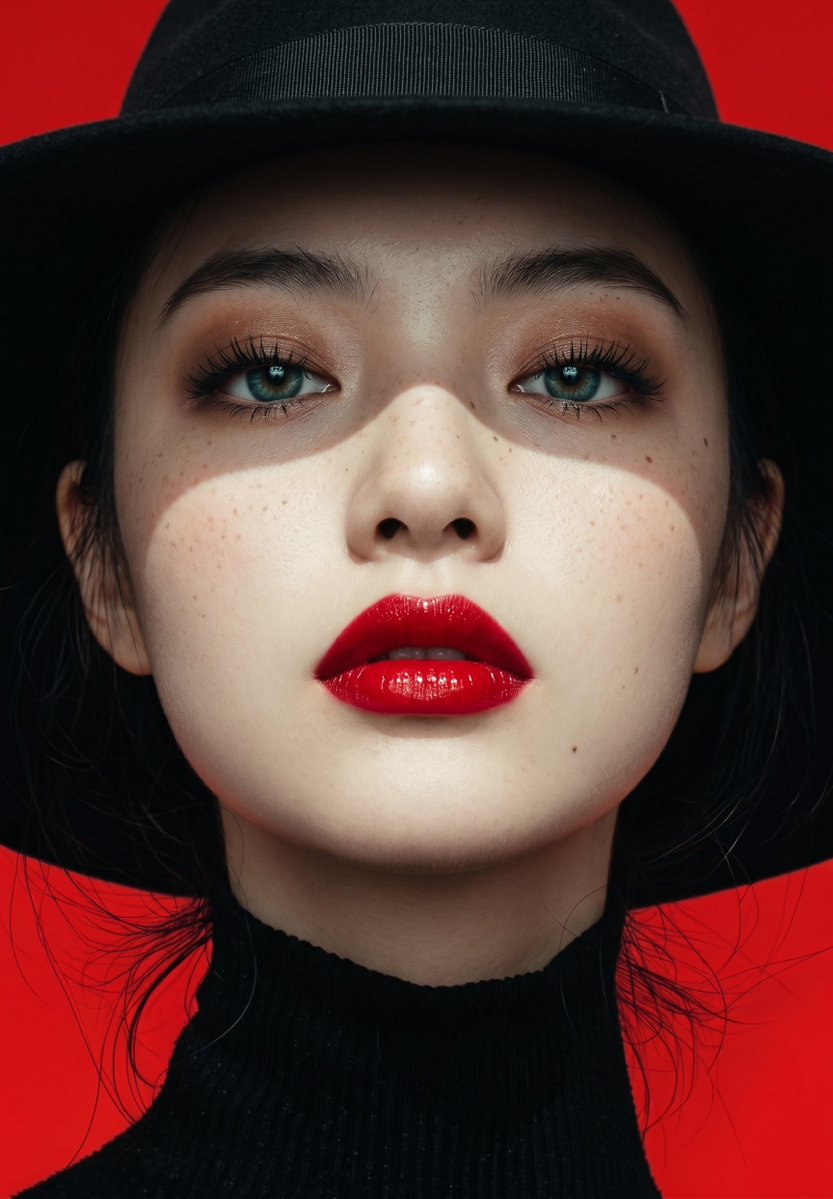 戏剧性的前卫时尚人像摄影，苍白女性，采用高对比度的明暗对照法打光，头戴宽檐黑色软呢帽，身着修身黑色高领衫。一道锐利的弧形水平阴影横跨她的双眼与鼻梁，将面部上半部投入深邃的阴影中，同时明亮地照亮...
