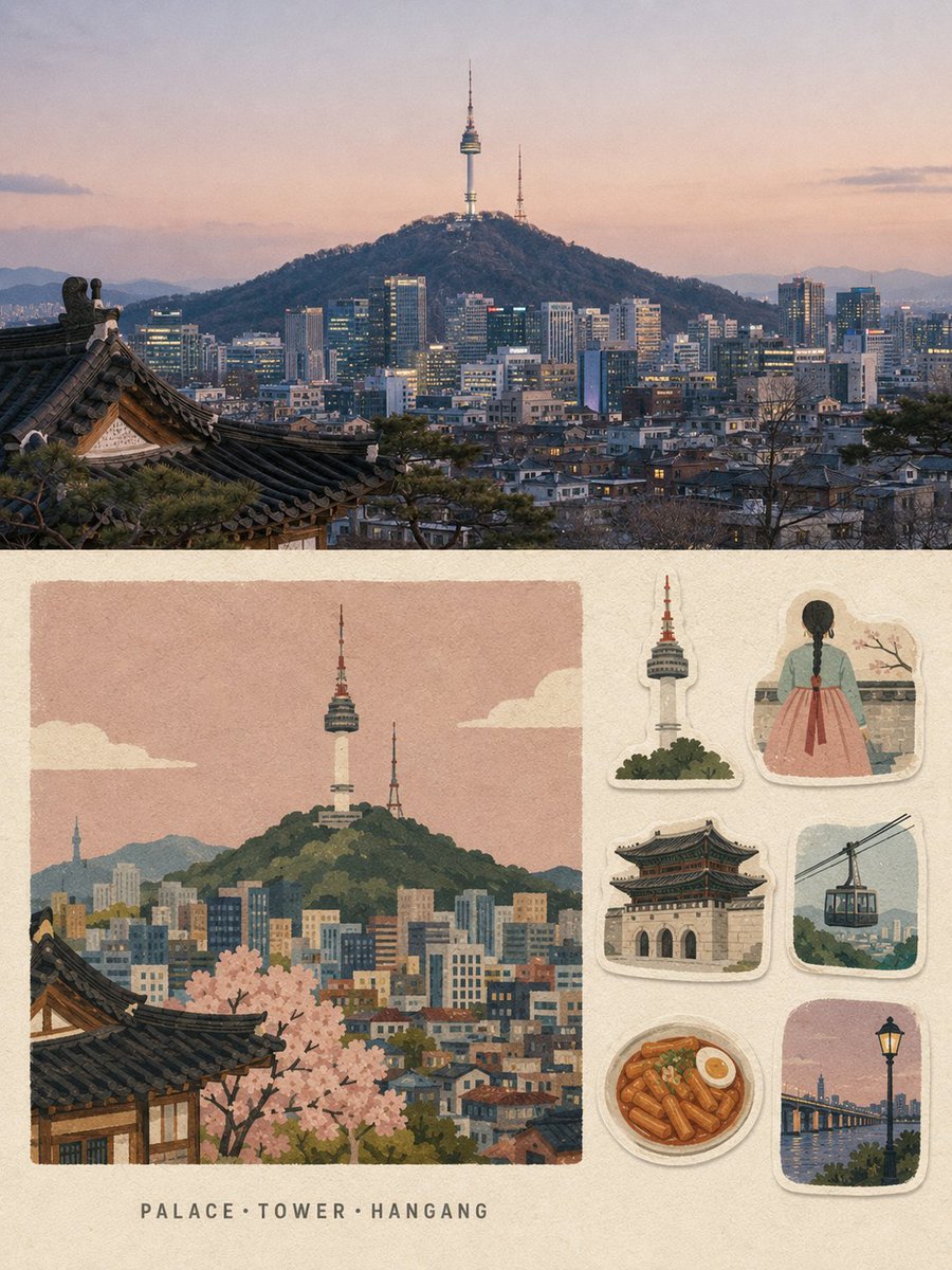 根据[LOCATION]的文字描述，创作一张严格比例为3:4的竖版旅行记忆拼贴海报。 将海报分为上下两个水平区域。 上半部分——约占50%：创作[LOCATION]的高级旅行摄影风格场景，展示...