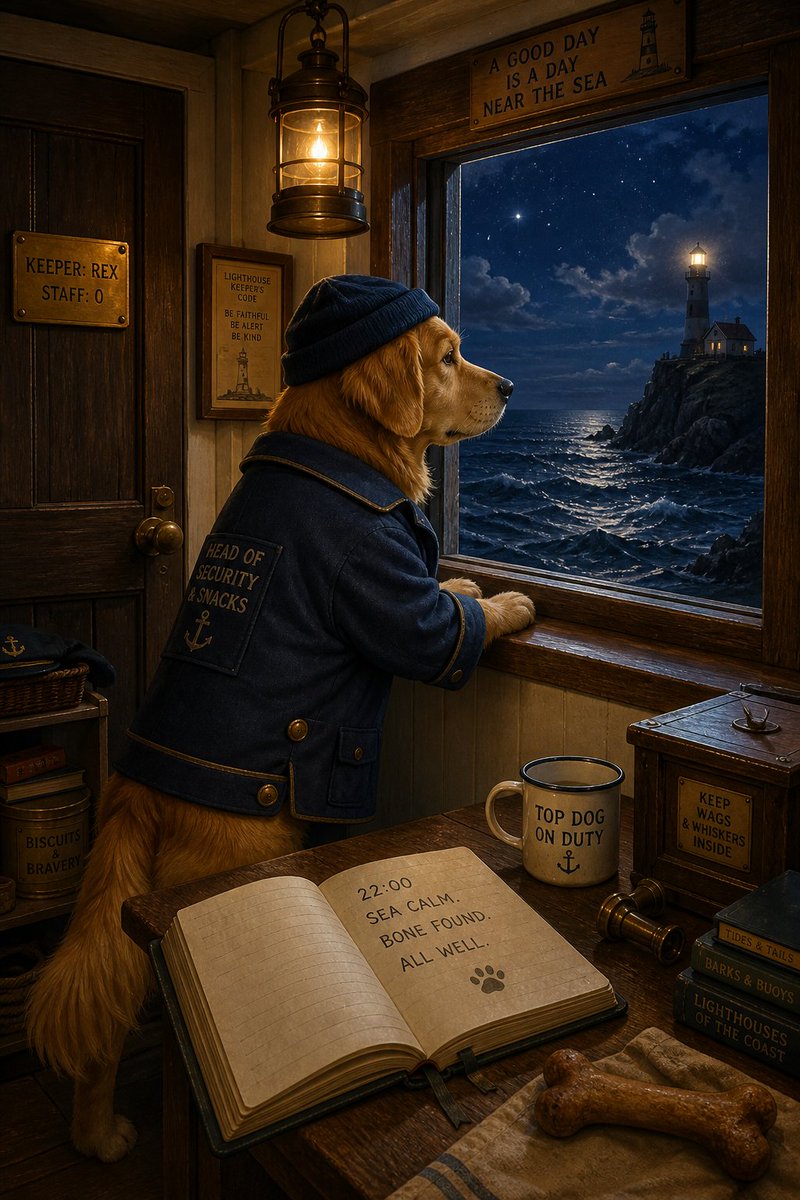 一幅精细的插画。一只金毛猎犬穿着小小的守塔人外套，站在灯塔的窗前，望向大海——桌上的航海日志写着"22:00:海面平静。发现骨头。一切安好。"—...
