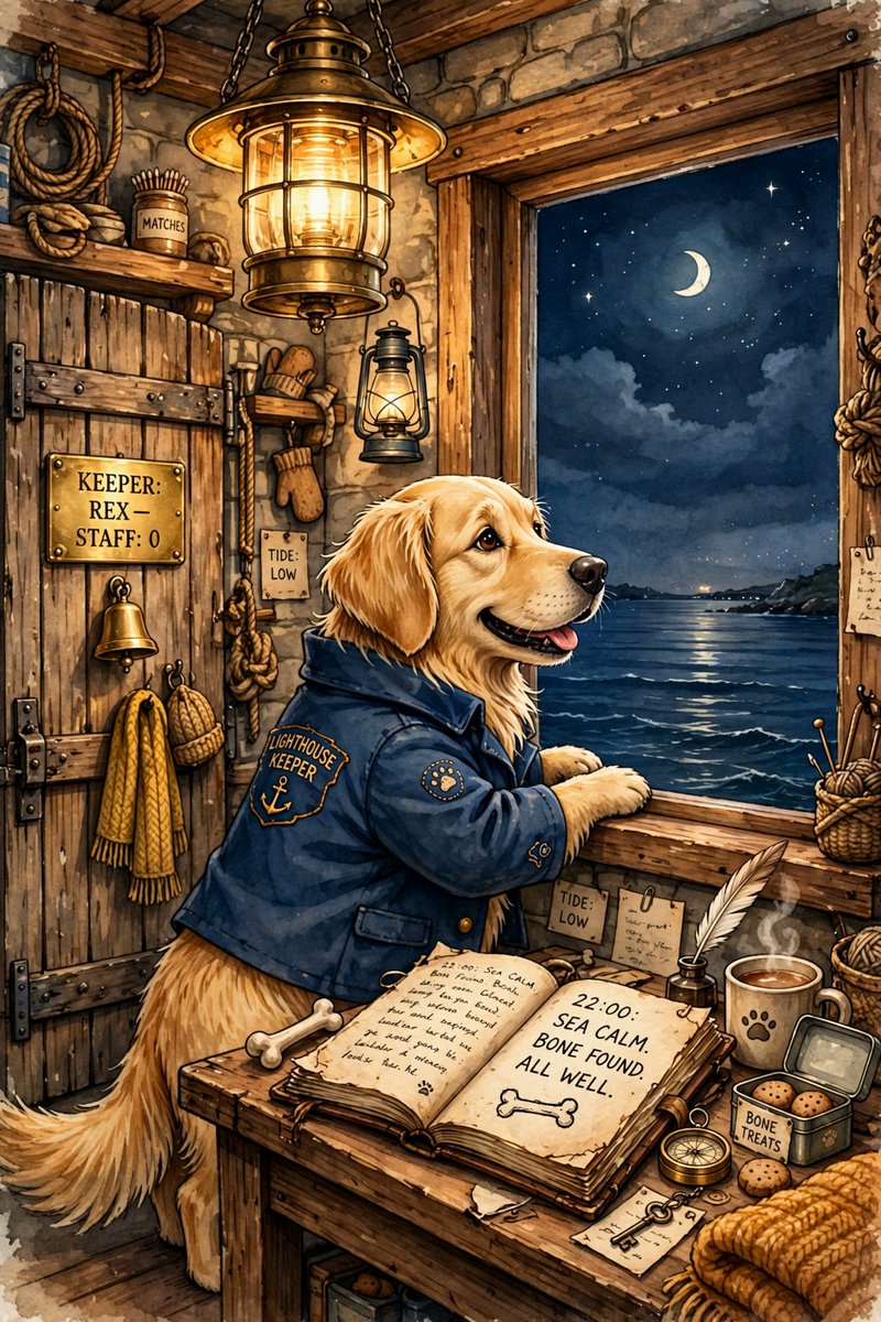 一幅精细的插画。一只金毛猎犬穿着小小的守塔人外套，站在灯塔的窗前，望向大海——桌上的航海日志写着"22:00:海面平静。发现骨头。一切安好。"——门上一块小小的黄铜铭牌写着"KEEPER: R...