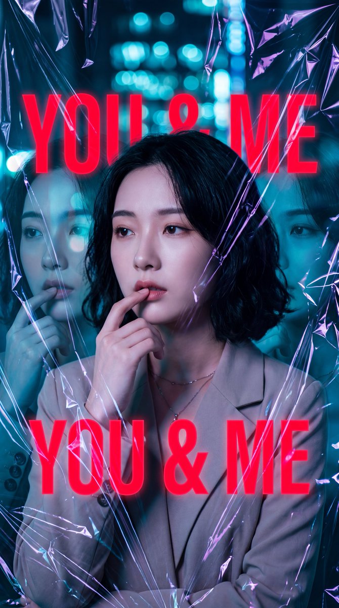 一张高度风格化的电影感时尚人像照：一位年轻的东亚女性，留着短而微卷的黑发，妆容自然柔和，神情若有所思，右手食指轻触嘴唇。她身穿一件浅米色立体剪裁西装外套，内搭白色上衣，颈间佩戴一条精致的银色项...