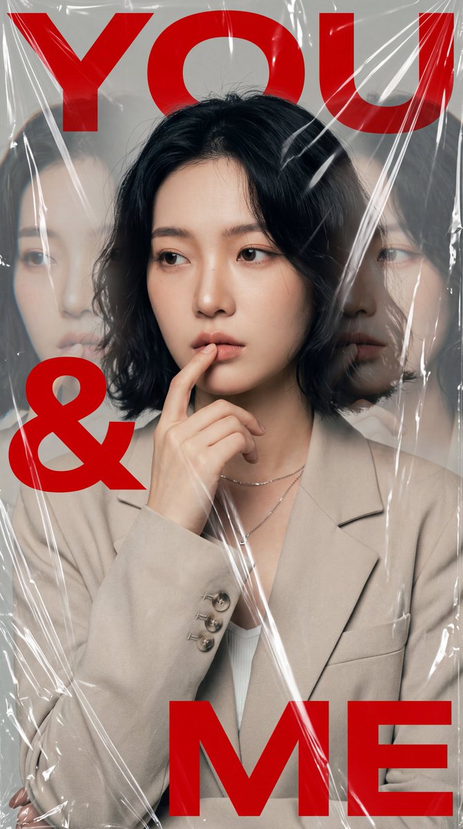 一张高度风格化的电影感时尚人像照：一位年轻的东亚女性，留着短而微卷的黑发，妆容自然柔和，神情若有所思，右手食指轻触嘴唇。她身穿一件浅米色立体剪裁西装外套，内搭白色上衣，颈间佩戴一条精致的银色项...