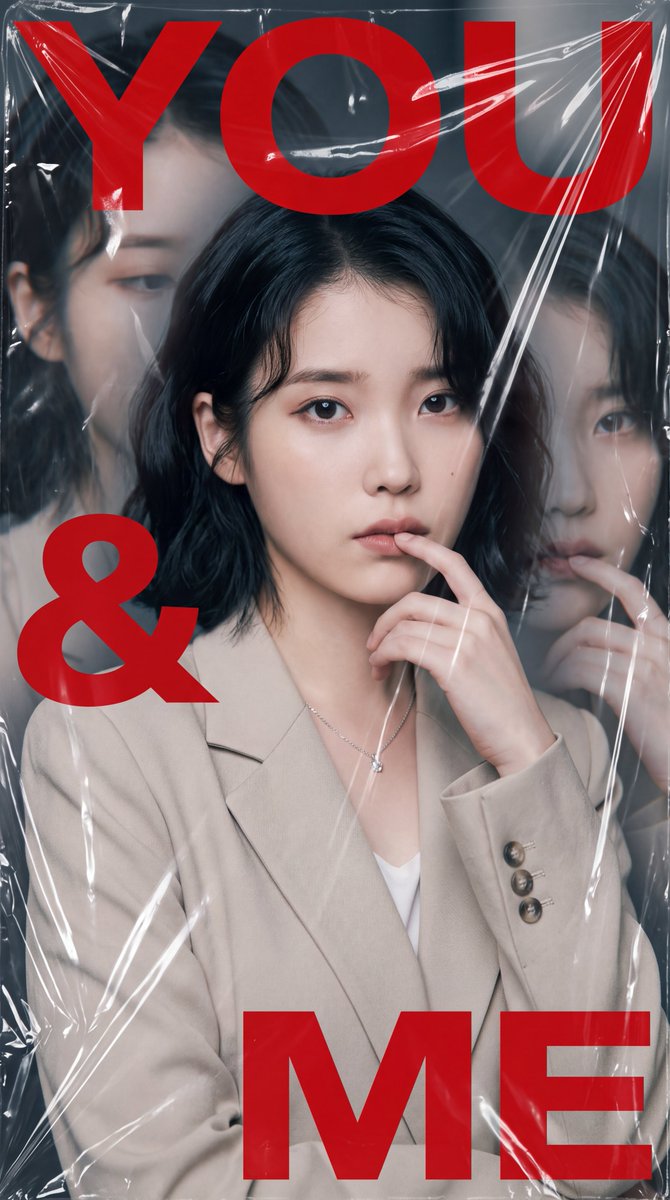 一张高度风格化的电影感时尚人像照：一位年轻的东亚女性，留着短而微卷的黑发，妆容自然柔和，神情若有所思，右手食指轻触嘴唇。她身穿一件浅米色立体剪裁西装外套，内搭白色上衣，颈间佩戴一条精致的银色项...