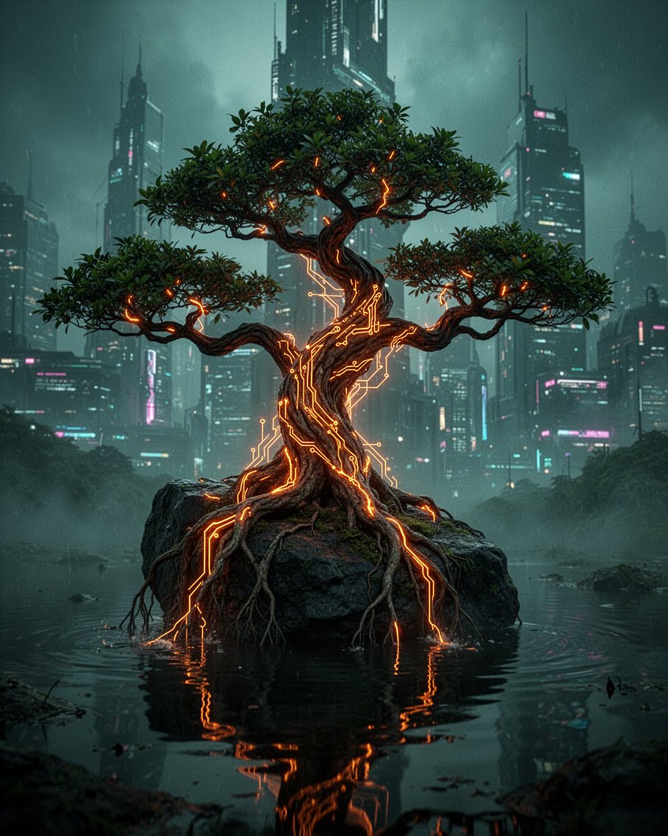 一棵盆景树，其树干、扭曲的枝条和根系中流淌着发光的霓虹橙色电路状脉络，栖息在一块深色岩石上，根系垂落入一汪静止的倒影水池，朦胧的赛博朋克城市天际...