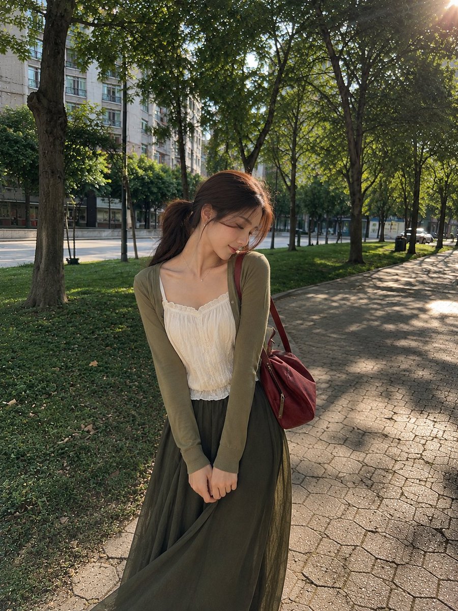 一张照片般逼真的抓拍户外肖像，画面中一位年轻女子在晴朗的午后站立于宁静的城市公园。她留着一头深棕色长发，梳成松散的低马尾，几缕纤细的碎发轻柔地垂落在脸庞两侧。她目光柔和地望向侧方，神情平静而若...