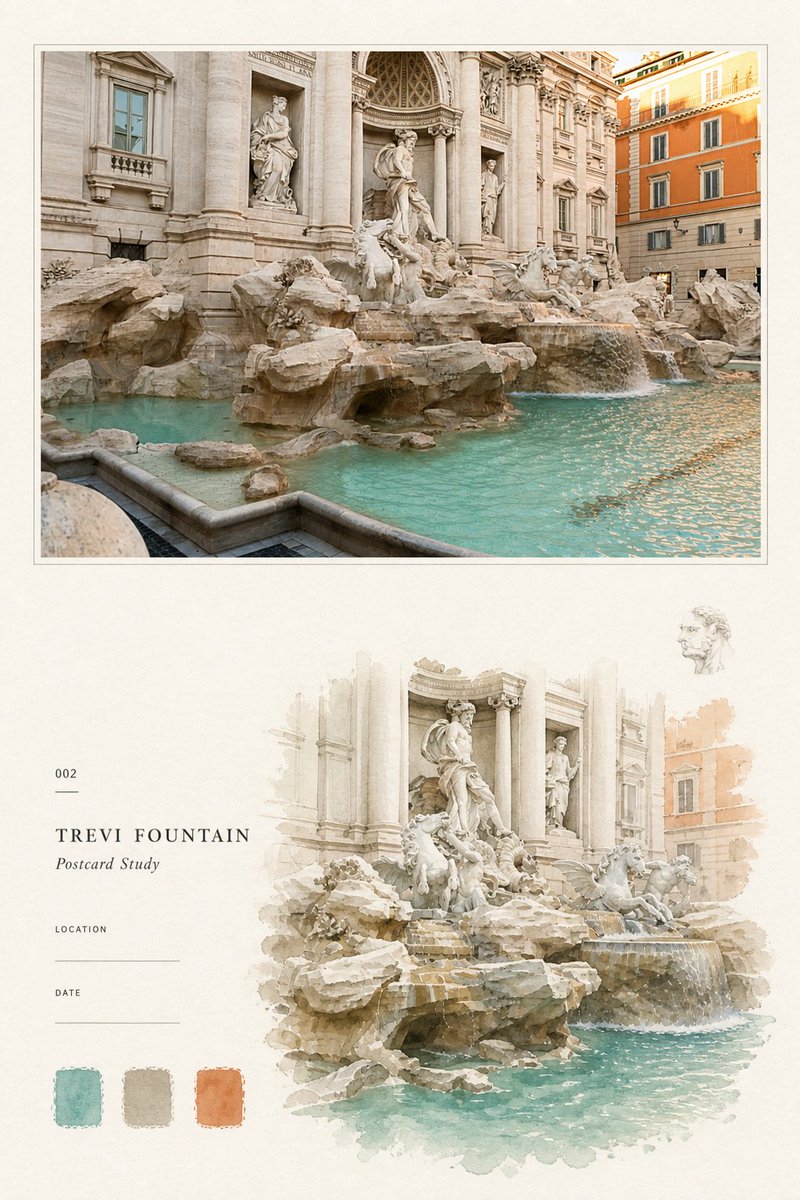 【PALETTE POSTCARD STUDY POSTER｜旅行色卡水彩研究海报】 这种把旅行照片重新摊开成一页观察手记的感觉。 上面留住真实...