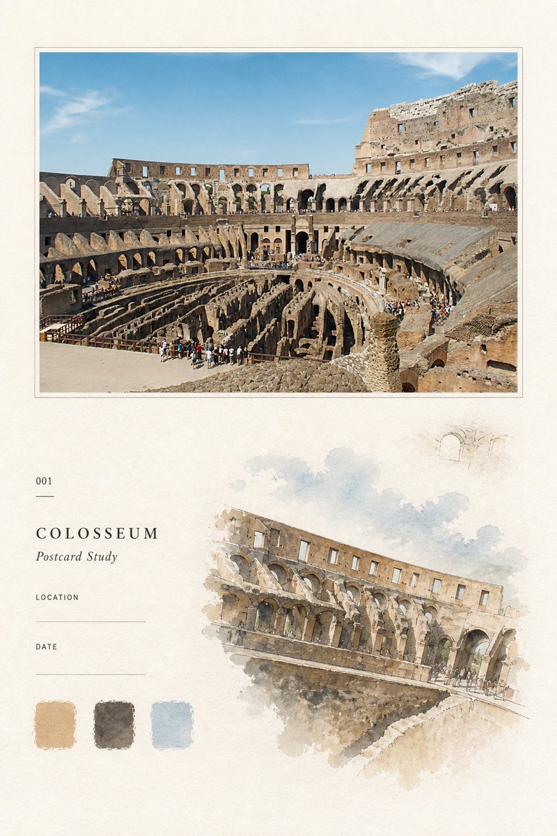 【PALETTE POSTCARD STUDY POSTER｜旅行色卡水彩研究海报】 这种把旅行照片重新摊开成一页观察手记的感觉。 上面留住真实的光和街道， 下面只捡回最值得记住的建筑、水色和...