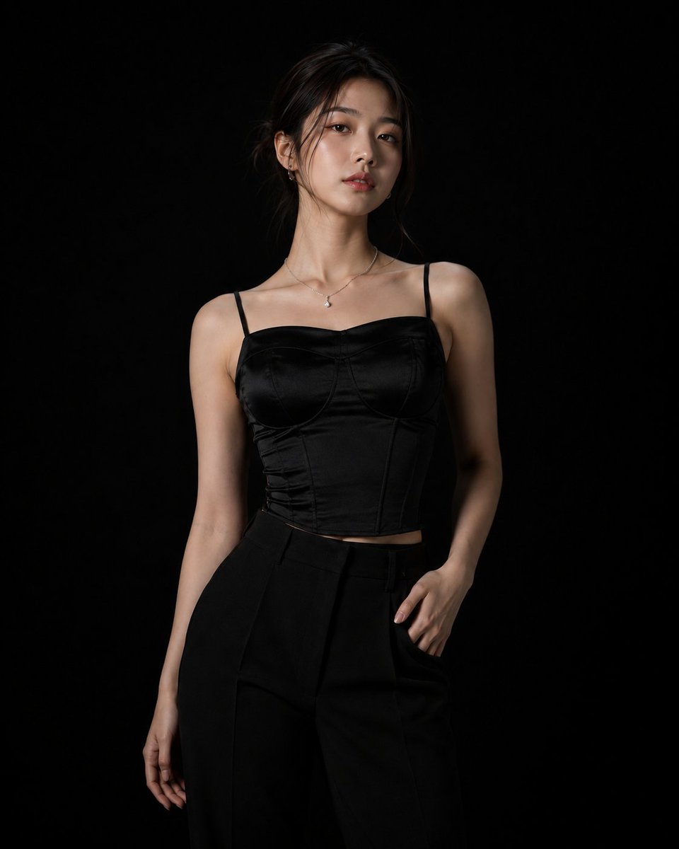 超写实高端时尚摄影棚拍摄：一位美丽的年轻韩国女性，年约二十出头，自信地站在完全无缝的哑光纯黑背景前。光线极其克制且经过精心设计，仅使用一盏柔和的...