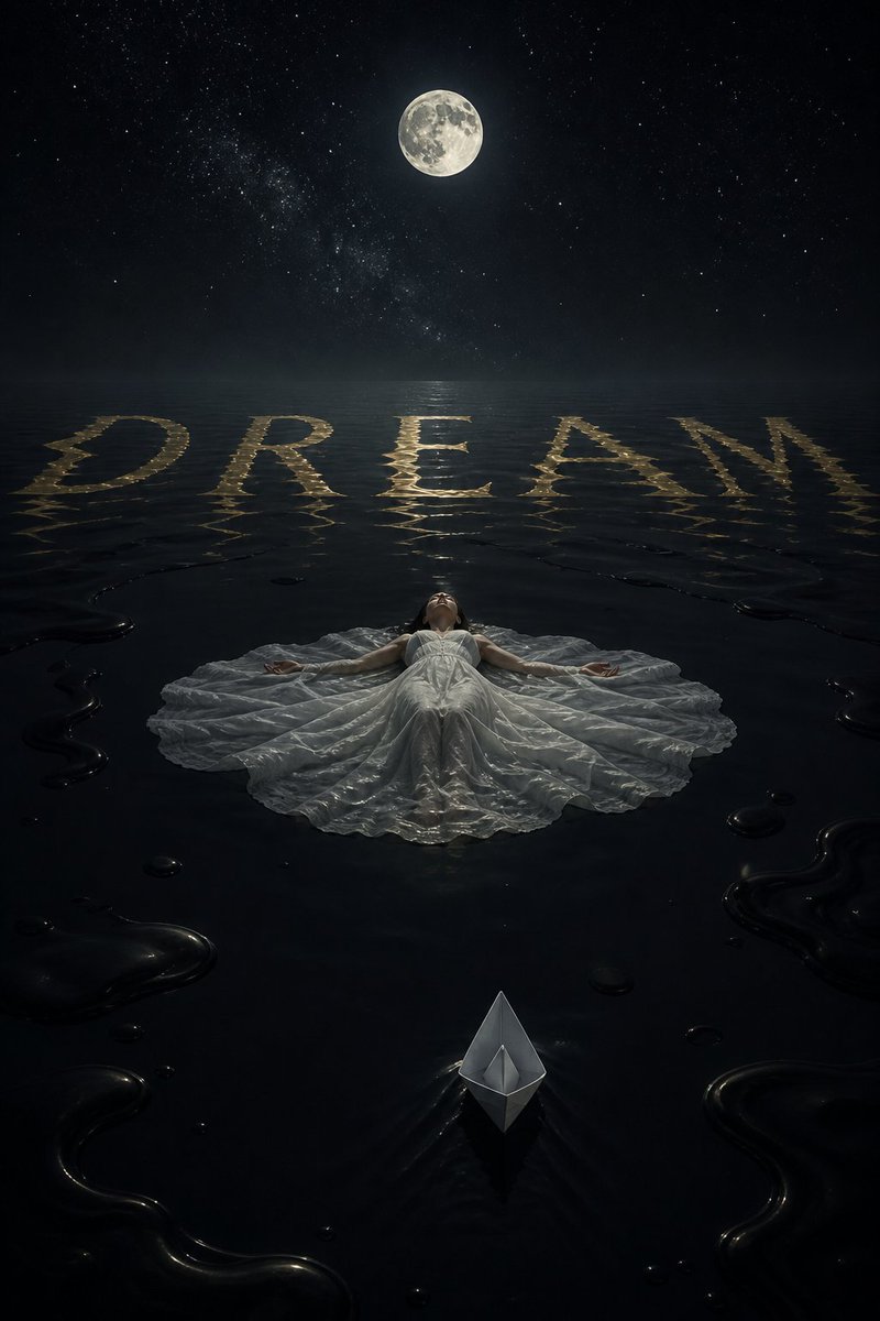 一个超现实的夜景。一片浩瀚的黑色墨水之海，平静无波，画面中央有一位仰面漂浮的女子——她的白色裙摆如睡莲般舒展——墨水表面以金色拼写出唯一一个单词...