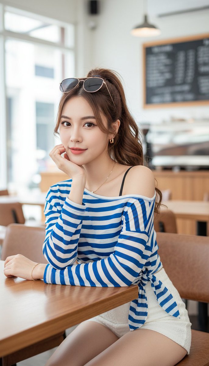 [Nano Banana Prompt] ar 9:16 一位美丽的年轻东亚女性，肤色白皙，五官精致，拥有柔和的大棕色眼睛，对镜头露出温柔的微笑。她有一头栗棕色的长波浪卷发，扎成高马尾，柔和的...