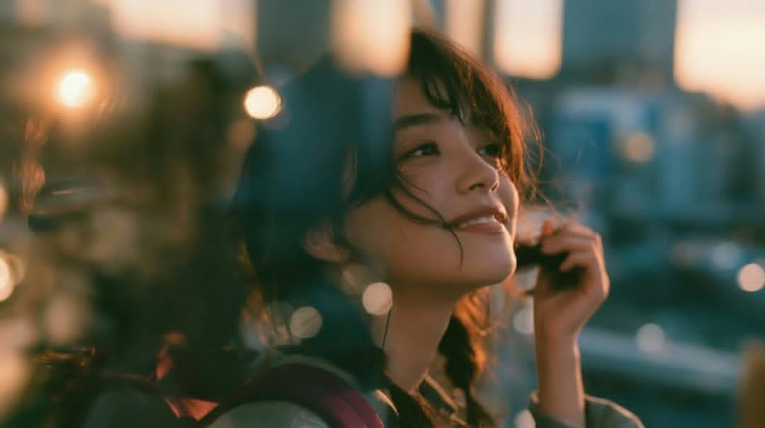 创作一幅电影感十足、怀旧的金色时刻人像照：一位年轻女子站在黄昏时分的大型城市窗户或玻璃幕墙旁，身着休闲浅色上衣，肩上自然搭着一件粉色毛衣，背着双肩包。她有一头深色、略带蓬松的及肩秀发，几缕松散...