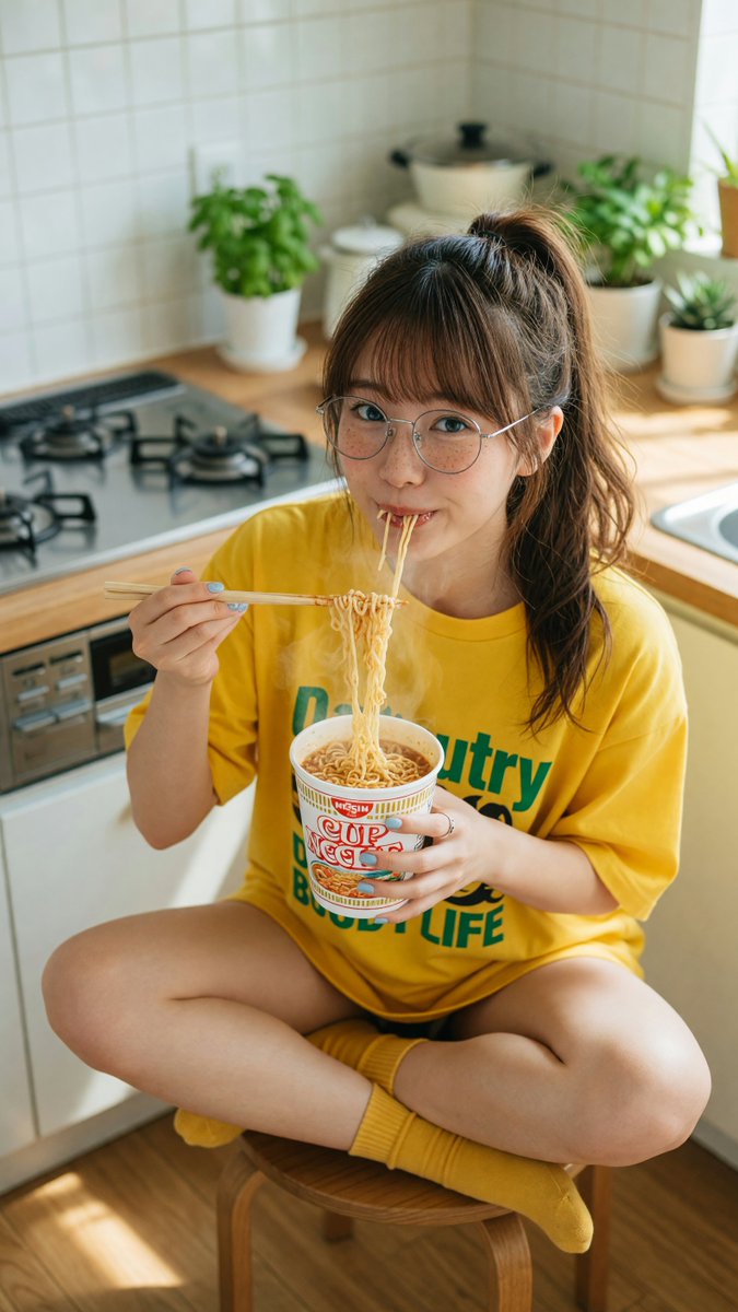 [Grok 图像质量提示词] | ar 9:16 2K 创建于 @TopviewAIhq @topviewaijp #Topview 吃面条 俯视特写肖像：一位可爱的年轻日本女性盘腿坐在明亮现...