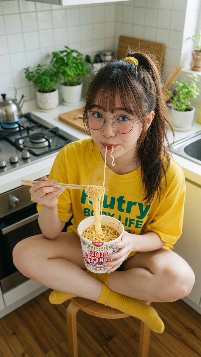 [Grok 图像质量提示词] | ar 9:16 2K 创建于 @TopviewAIhq @topviewaijp #Topview 吃面条 俯视特写肖像：一位可爱的年轻日本女性盘腿坐在明亮现...