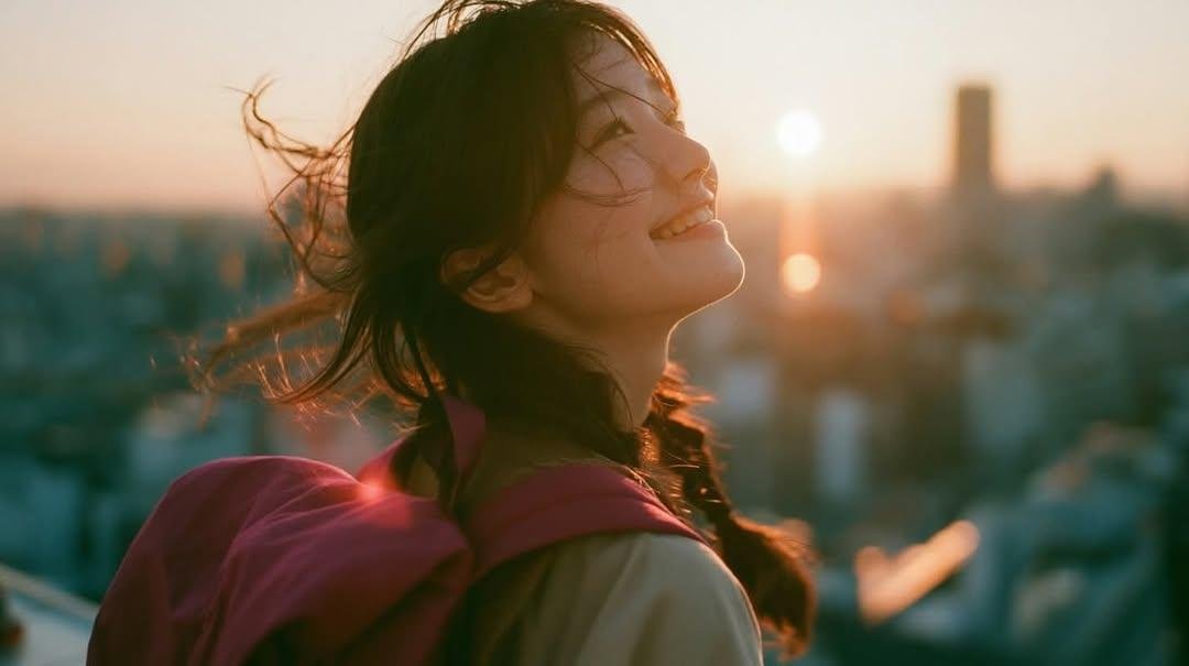 创作一幅电影感十足、怀旧的金色时刻人像照：一位年轻女子站在黄昏时分的大型城市窗户或玻璃幕墙旁，身着休闲浅色上衣，肩上自然搭着一件粉色毛衣，背着双...